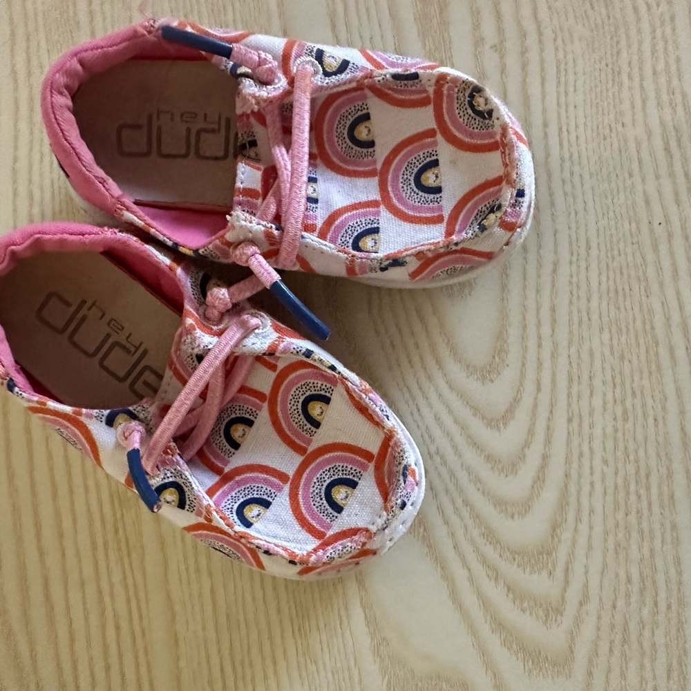 Hey Dude Pink Moccasins with Rainbow Pattern